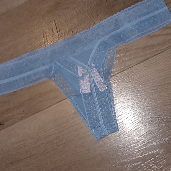 Victoria Secret-Periwinkle Blue Polk-a-Dot Lace/Logo Waist Thong-Small - Picture 4 of 7